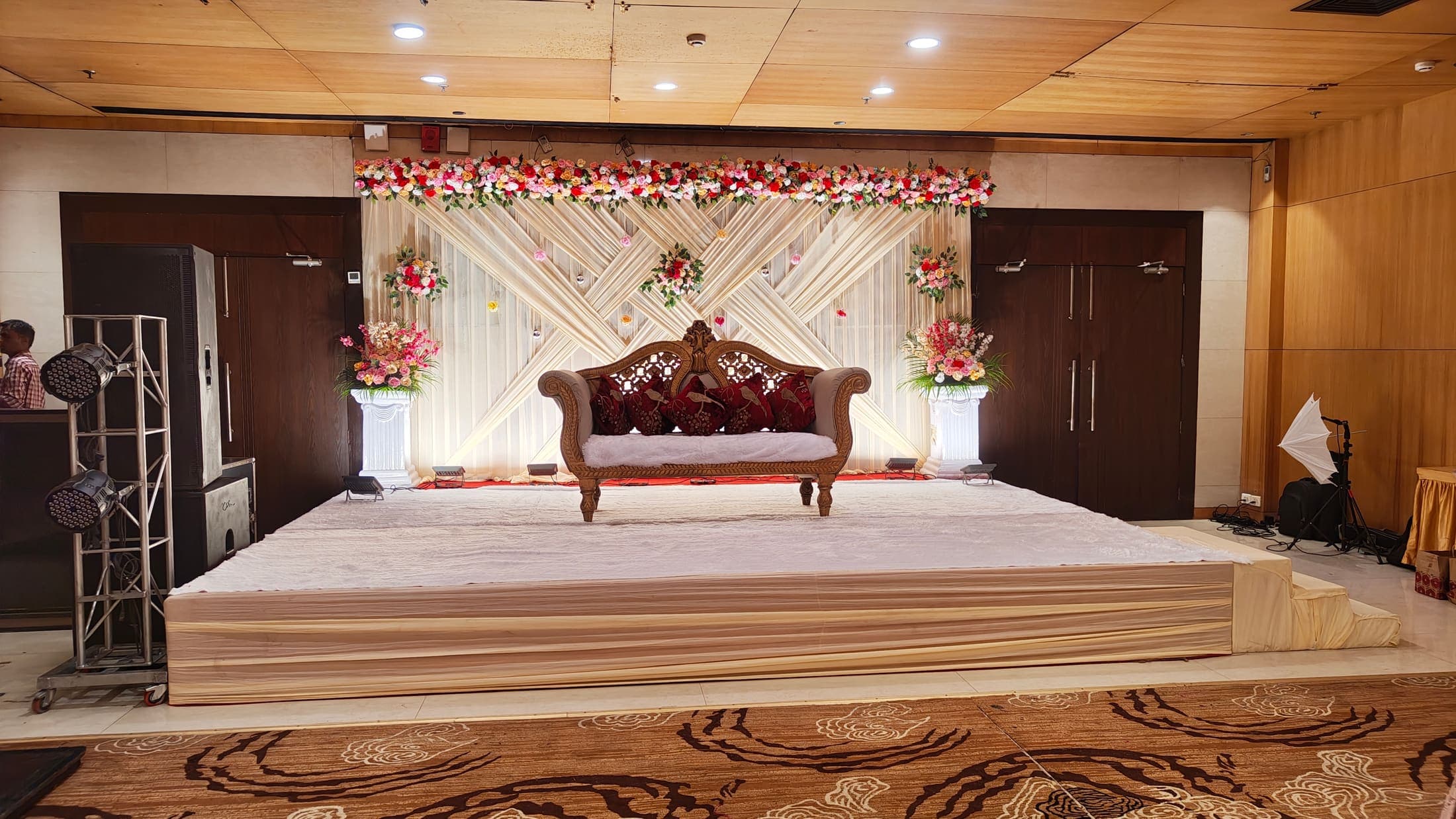 Banquet hall set up for a wedding reception in Faridabad
